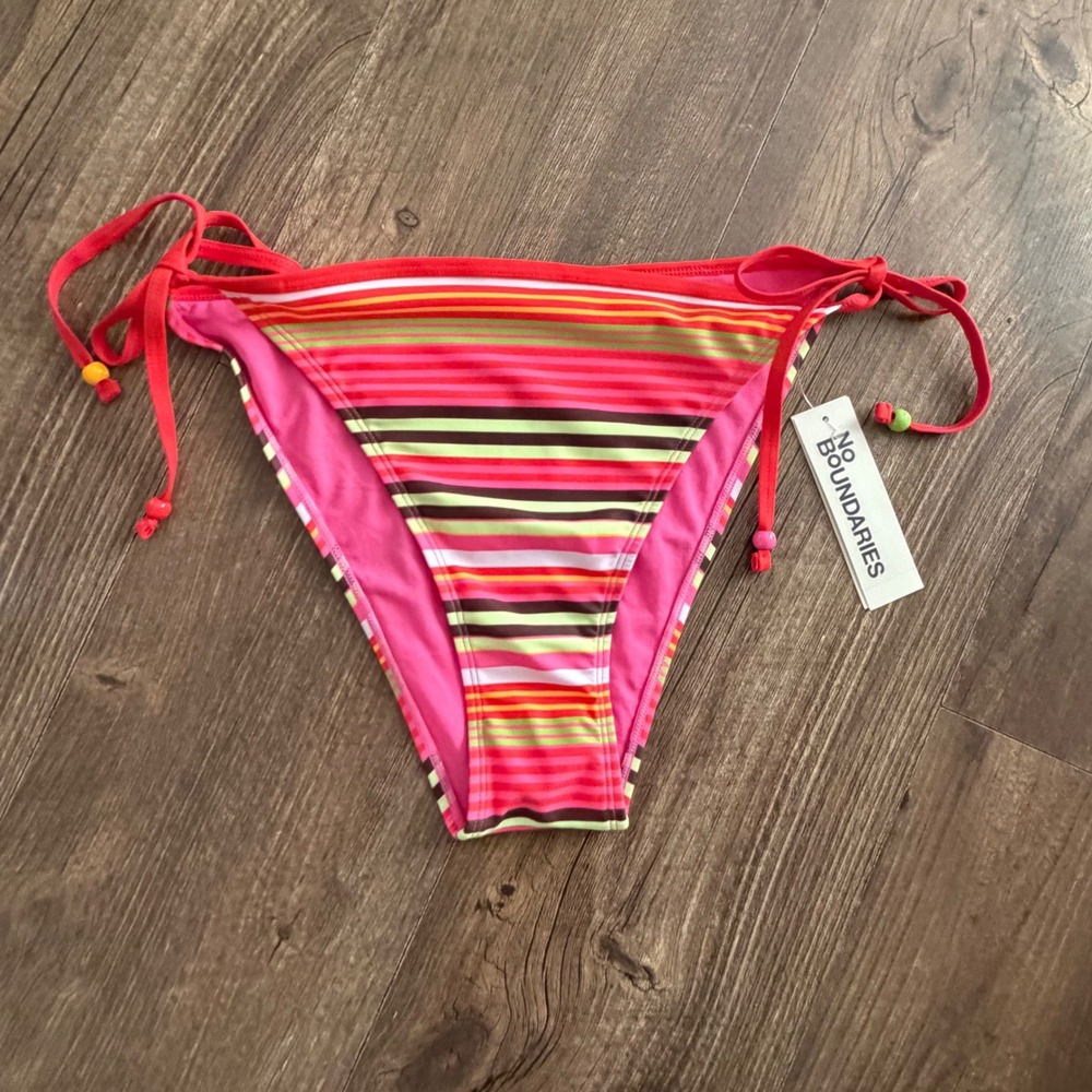 No Boundaries Bikini Bottom Women XL Pink Multi Stripe Cheeky High Leg Side Tie